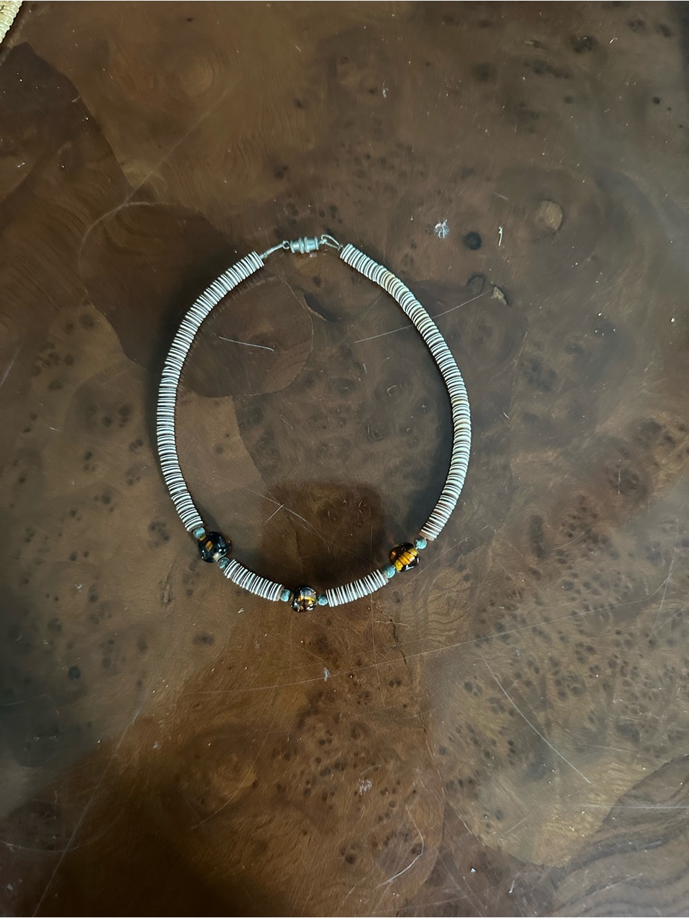 Silver-Tone Beaded Choker Necklace with Amber Accent Beads